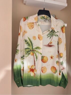 Tropical Palm & Orange Button-Up Shirt - Cream & Green